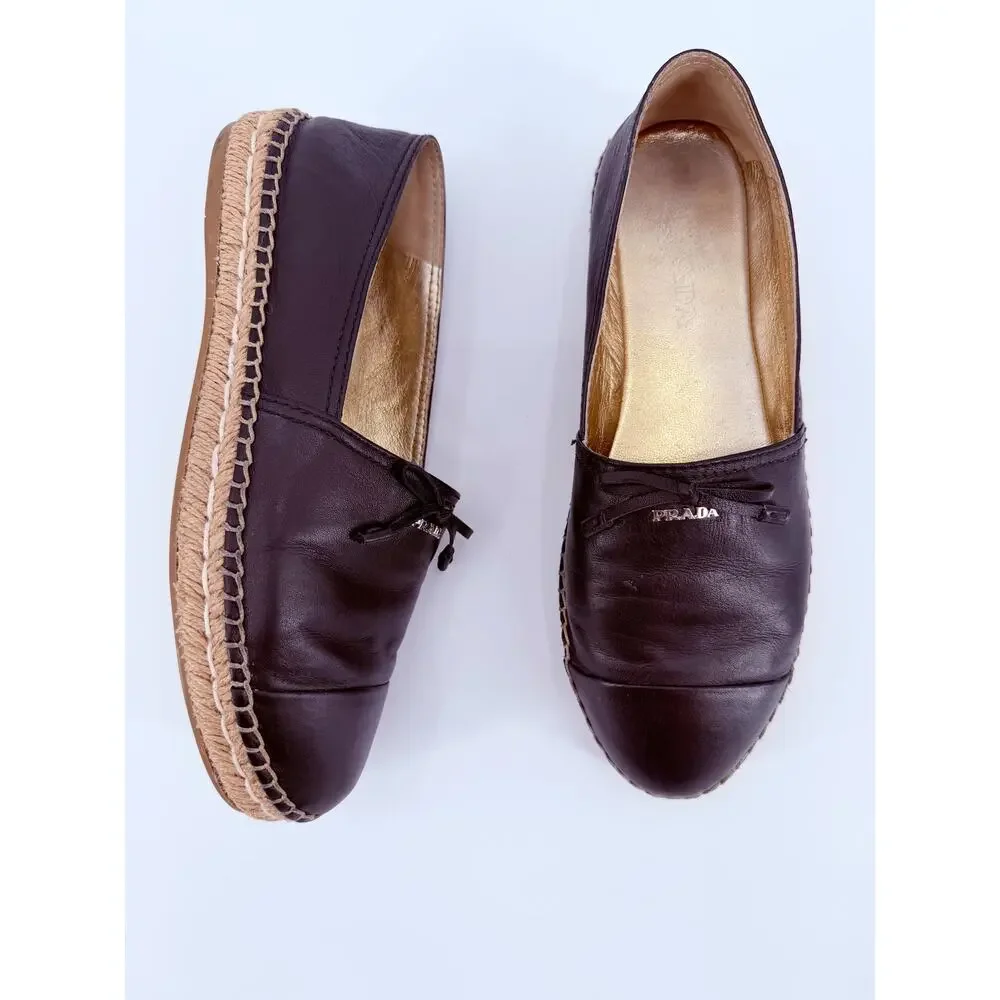 Prada Black Leather Cap Toe Espadrille Bow Ballerina Jute Slip On Flats 39